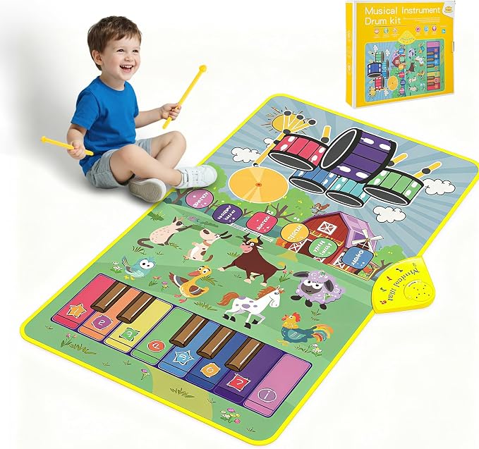 Musical Farm Animals Sounds Piano Mat for Kids, Educational Learning Toy | Sensory Interactive Floor Touch Play Mat with Drumset Dancing Keyboard Carpet for 3-12 Year Old Boy Girl Gifts