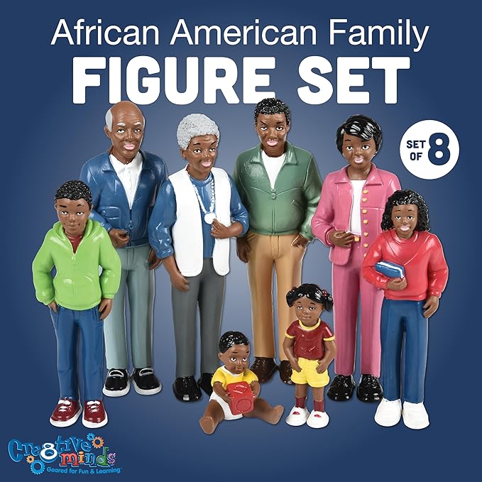 Creative Minds Marvel Education African American Family Toy Figure Set for Kids Ages 3+, Set of 8 Inclusive and Diverse Dollhouse Toy Figurines, Multicolor