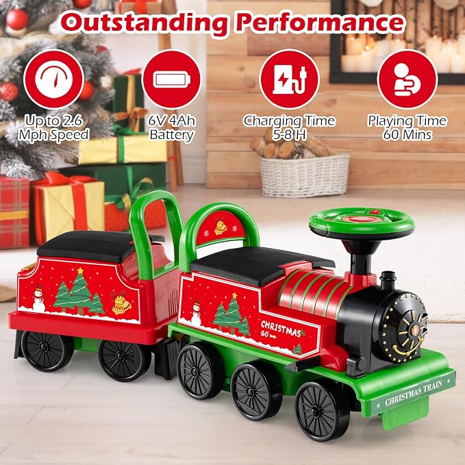 OLAKIDS 6V 2-Seater Ride on Train with Carriage, Storage, Train Whistle, Music, Lights for 18 Months+ (2 Seaters, Christmas)