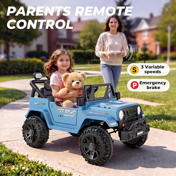 ARBELI 12V Ride On Truck Car with Remote Control, Kids Electric Vehicles with Bluetooth Music, Horn, 3 Speeds, 4 LED Lights, Soft Start, Ride on Toys for Toddler Boys & Girls (Blue)