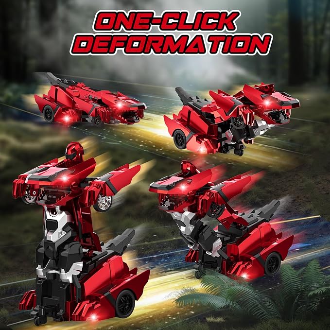 Kroyedfuw Dinosaur Transform Rc Cars, 2.4Ghz Remote Control Car Transforming Robot with Flashing Light, 360° Rotation One Button Deformation Car Toy Gifts for Boys Age 4-7 8-12