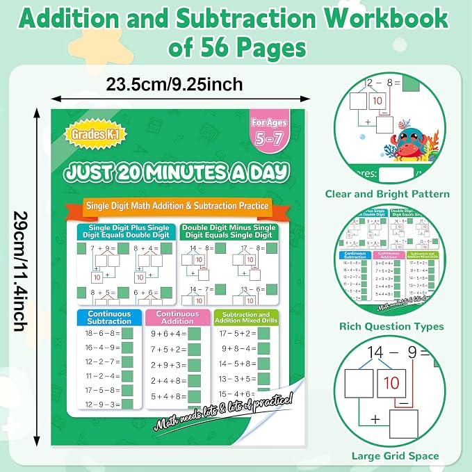 Addition and Subtraction Workbook 1st Grade Math Workbook Math Worksheets Single&Double Digit Numbers Practice Math Worksheets for Home School, 56 Pages Front and Back, 5 Question Types
