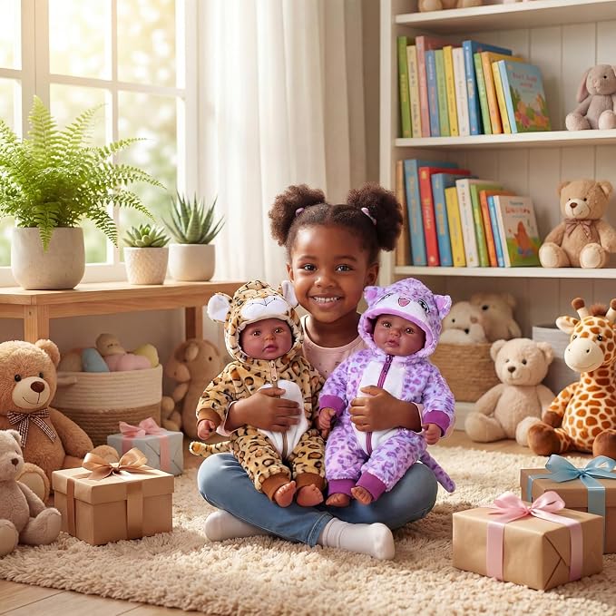 BABESIDE Black Baby Dolls Twins - 17inch Realistic Soft Cloth Body Dolls with Brown Eyes, 3+ Year Old Girls Gifts, Ideal for Nurturing, Interactive Play & Cuddling