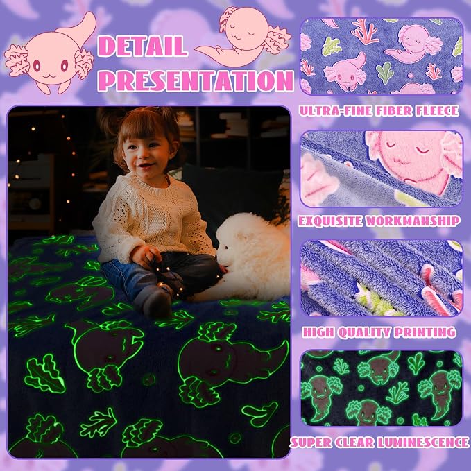 Axolotl Toys for Kids Glow in The Dark Blanket Girls Salamander Blankets Cute Animals Fish Soft Throw Blankets Room Decor 40 "X 50"