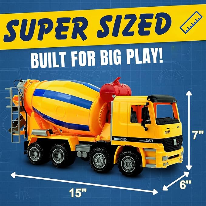 Liberty Imports 15" Oversized Construction Truck Toys for Kids – 1:22 Scale Friction Powered Vehicles with Realistic Moving Parts (Cement Mixer)