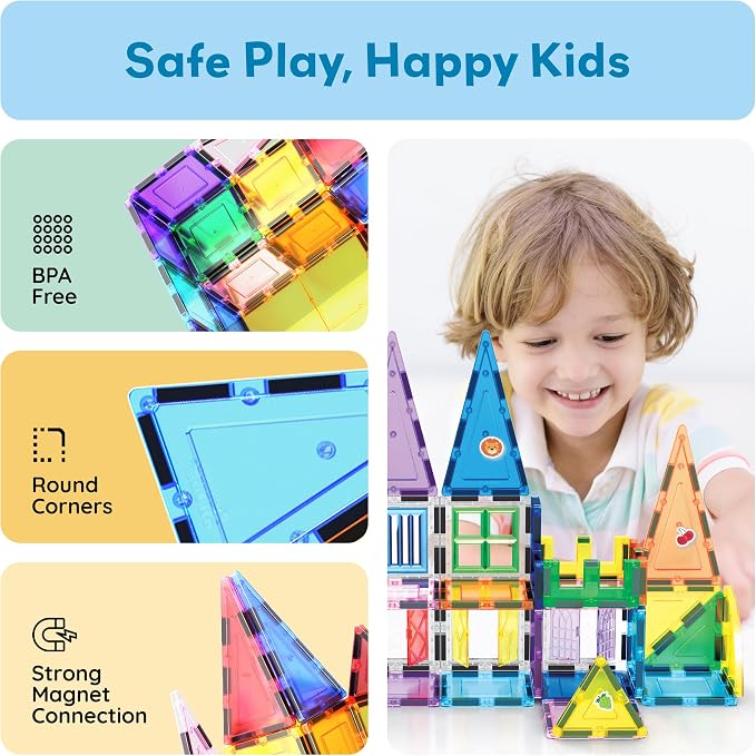 PicassoTiles 240pc Magnetic Tiles Building Set with Storage Bag Themed Stickers and Car Base Magnet Tile STEM Sensory Fun Creative Learning Classroom Must Have Educational Toy Boy Girl Age 3+ PT240