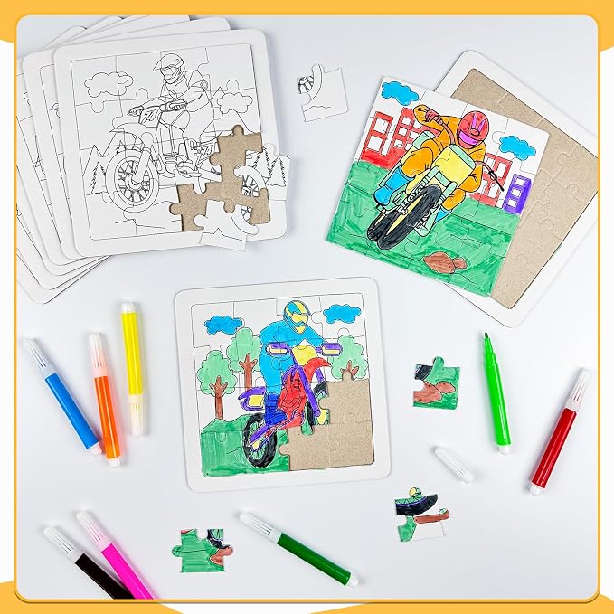 Cinrobiye 24 PCS Dirt Bike Coloring Jigsaw Craft Kit for Kids, DIY Motocross Activity Set Bulk with 12 Designs, Off-Road Motorcycle Birthday Party Favors, Classroom Art Projects