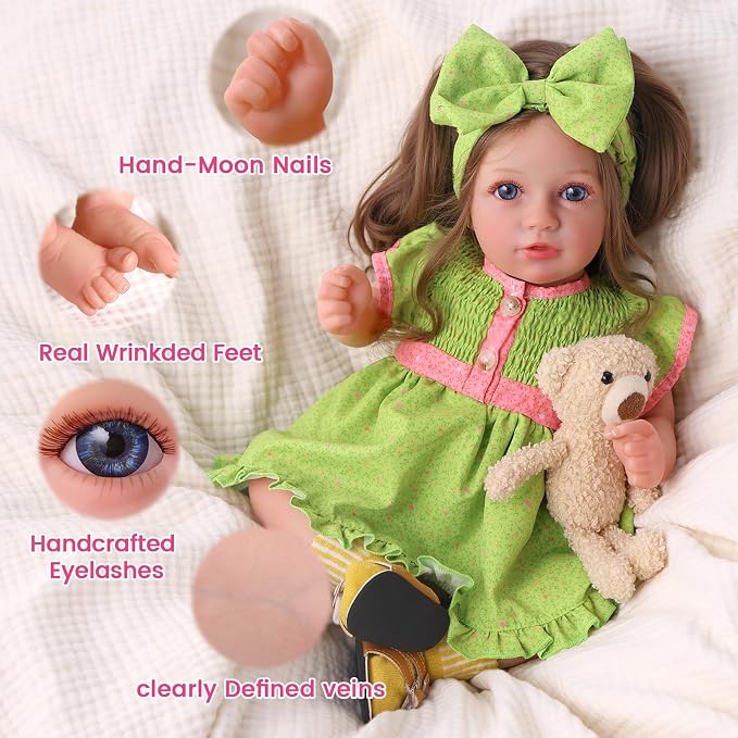 BABESIDE Lifelike Reborn Baby Dolls Dara - 20 Inch Realistic-Newborn Baby Doll Brown Hair Girl Handmade Real Life Baby Dolls with Clothes and Toy Accessories Gift for Kids Age 3+