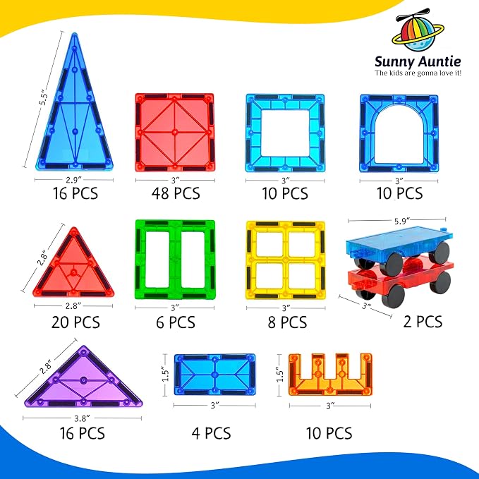 SUNNY AUNTIE Magnetic Tiles 150 PCS XL Set with Storage Bag – Magnetic Building Tiles for Kids Ages 3-8, STEM Magnet Construction Toy for Boys & Girls