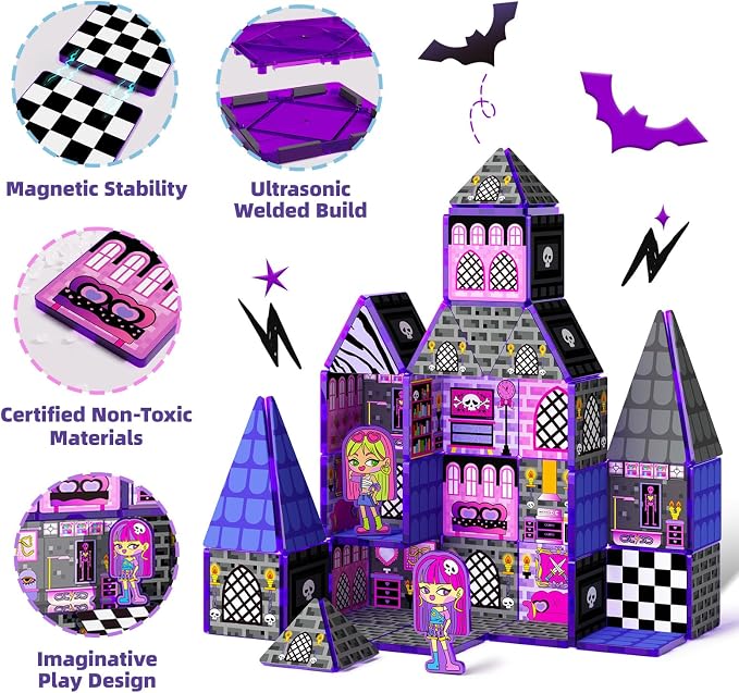 GobiDex Magnetic Doll House Building Toys for Girls with Two Figures, Haunted Castle Magnetic Tiles Playset for Kids Ages 4-8, STEM Sensory Birthday Girls Ages 3+