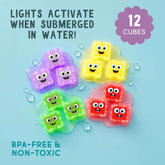 Glo Pals Water-Activated Light-Up Sensory Bath Toy Cubes for Bathtime and Sensory Play, Vibrant Light-Up Colored Cubes for Kids and Toddlers, Glows Purple, Yellow, Green, and Red, Pack of 12