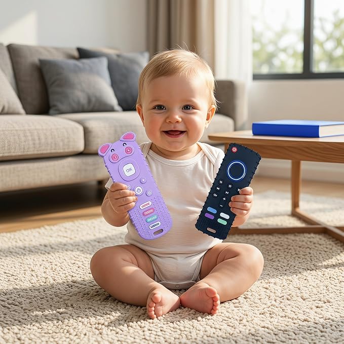 SOLIFEGOBLE 2 Pack Silicone Teething Toys, Cute Pig-Shaped Remote Control Style Teethers for Babies 6-18 18-24 Months, BPA-Free Soft Chew Toys for Teething Relief (Black+Purple)