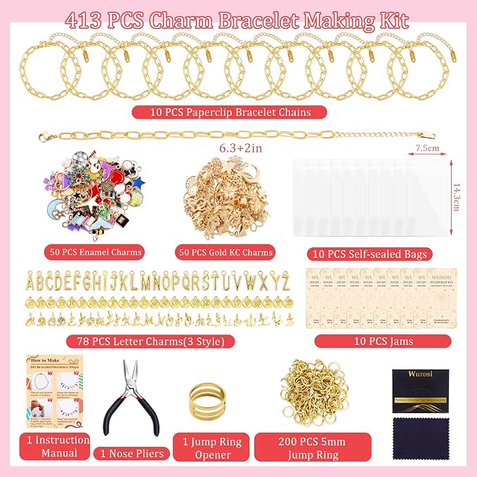 Wurosi 413 Pieces Gold Paperclip Charm Bracelet Making Kit, Including Paperclip Chain Bracelets, Charms, Jump Rings, Gift Bags, Pliers for Crafts Beginner Supplies Gift