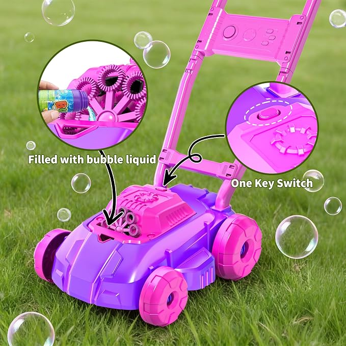 Bubble Lawn Mower for Toddlers 1-3, Automatic Bubble Blowing Machine Pretend Summer Gardening Play Bubble Toys for Age 1 2 3 Year Old Boys Girls Indoor Outdoor Use, Pink