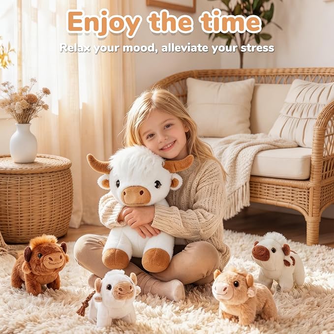 gnomantic Highland Cow Stuffed Animals with Babies, Mommy Toy for Kids | 5-Piece set: 1 mommy highland cow + 4 surprise babies inside. Unzip belly to reveal babies. Ultra-soft, safe for ages 3-8.