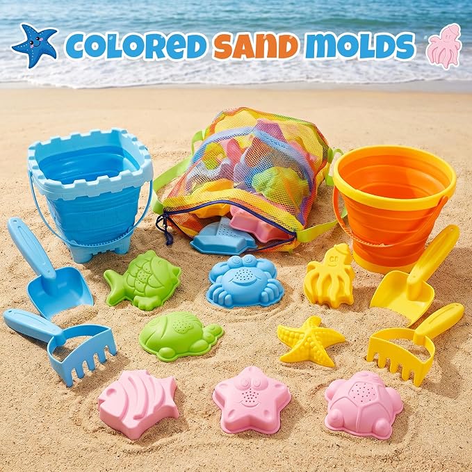Beach Sand Toys Set for Toddlers, Portable Travel Beach Toys with Collapsible Bucket, Shovel, Rake, Molds & Mesh Storage Bag for Kids, Summer Gift (Tangerine + Ocean Blue)