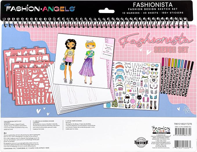 Fashion Angels Fashionista Design Sketch Book Set, Includes Sketch Pad with Stencils, Stickers & Instructions for Inspiration, Ideal Drawing Kit for Kids