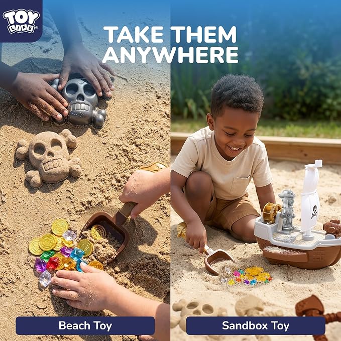 TOY Life 39PCS Pirate Beach Toys for Kids Ages 4-8, Pirate Ship Sand Toys Set with Treasure Coins & Gems, Sandbox Role Play Toys for Kids, Outdoor Beach & Travel Summer Adventure Toys