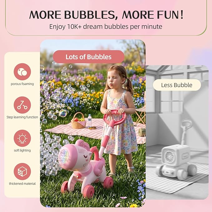 Bubble Machine for 2 3 4 5 6 Year Old Toddler Girl, Portable Unicorn Toys Bubble Maker, Bubble Lawn Mover Outdoor Toys W/Light, Birthday Gift for Toddler Girls Ages 2-4