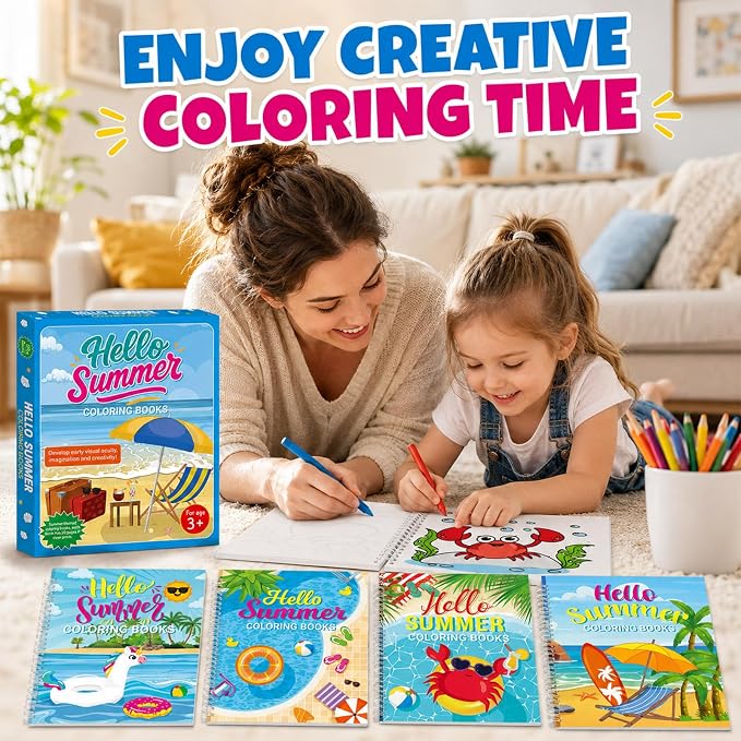4 Pack Hello Summer Coloring Books 8.6x11 Inch Spiral Bound Coloring Books Bulk Summer Beach Activity Book DIY Crafts for Birthday Gifts Pool Party Favors Hawaiian Tropical Holiday Supplies