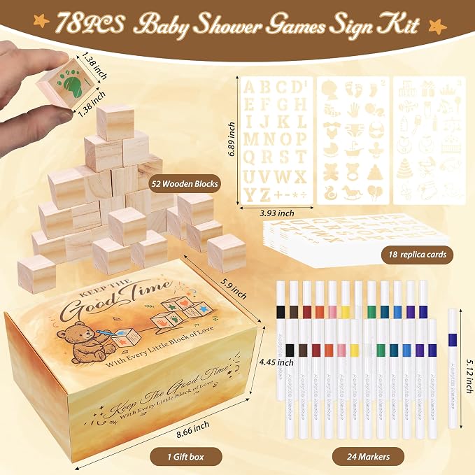 95 PCS Shower Games Sign Kit for Boys Girls, 1 Wooden Game Sign, 52 Blank Wooden Blocks for DIY Drawing, 24 Markers, 18 Stencils, Shower Game for Gender Reveal Activity Decorations