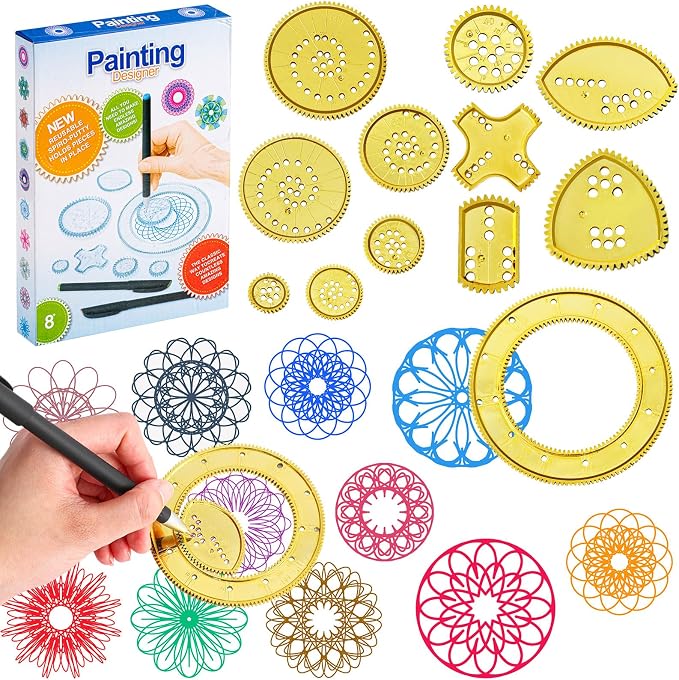 Chivao Spiral Art Kit Circle Stencils Drawing Tool Gear Geometric Ruler Circle Template Drawing Kit Plastic Spiral Curve Stencils with Pens Paper for Back to School Gifts DIY Crafts Sketch(Modern)