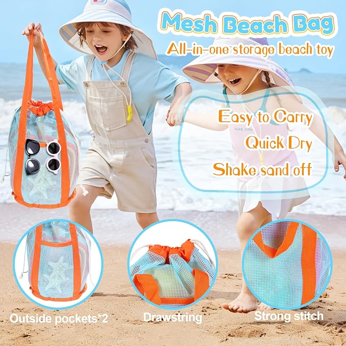 Beach Sand Toys Set for Kids, 2-Pack Collapsible Sand Buckets with 2 Metal Sifter & 2 Plastic Shovels & Mesh Bag | for Easter Egg Hunt Shell Collecting Castle Building Summer Travel