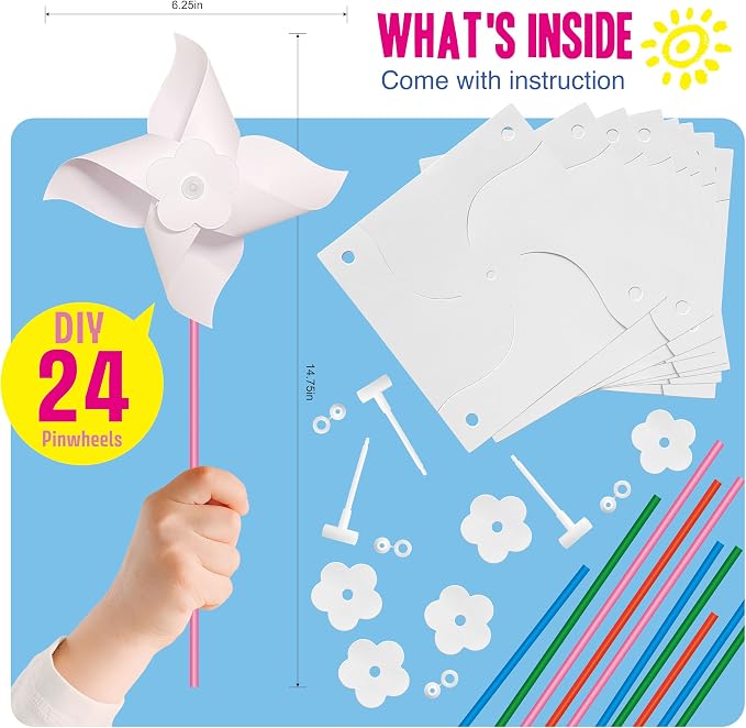 24 Pack DIY Pinwheels Craft for Kids - Summer Spring Crafts for Kids 3-5, 4-6, 4-8 - Fun & Easy Assembly, Bulk STEM Educational Activity for 4th of July, Classroom, Birthday, Party Favor