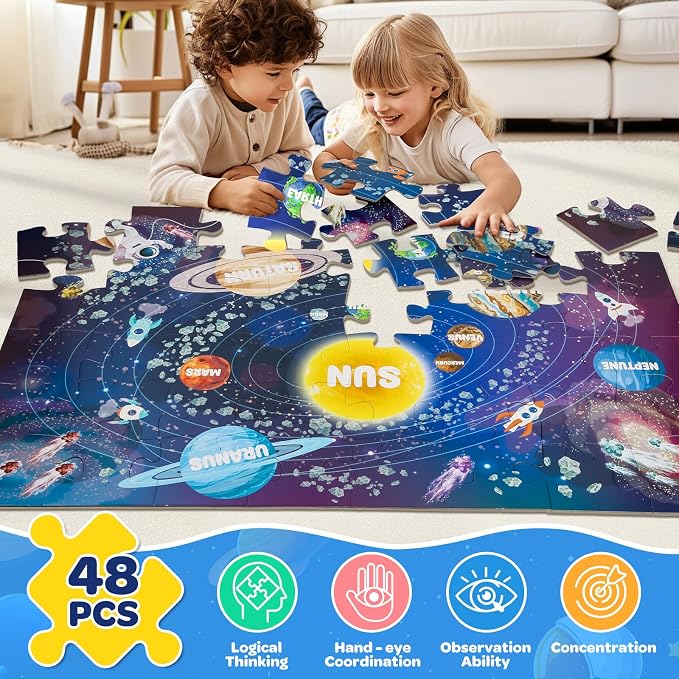 Jumbo Floor Puzzle for Kids Ages 4-6, 48 Piece Large Solar System Jigsaw Puzzle, Extra-Thick Cardboard Preschool Learning Toys for Toddlers 3-5, Educational Gift for Boys Girls 3 4 5 6 7 8