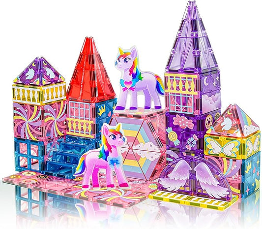 COSILY Unicorn Magnetic Tiles for Kids, Rich Colors Magnetic Building Blocks, STEM Educational Construction Sensory Toys, Unicorn Magnetic Tiles Birthday Gifts for Girls Ages 3 4 5 6 7 8+