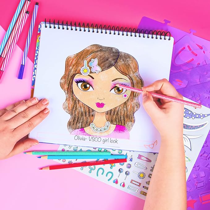 Fashion Angels Make-up & Hair Design Sketch Portfolio, Includes 40 Sketch Sheets, 4 Stencil Sheets & Stickers, Sketchbook for Beginners & Kids Ages 6+