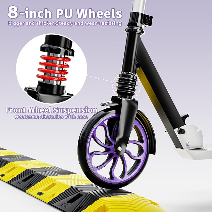 PHOEROS Kick Scooter for Kids Ages 6-12,Teens & Adults, Youth. Lightweight Aluminum Kick Scooter for Teens Adults Boys Girls with 8 inch Big Wheels, Foldable, 3 Height Adjustable, Shock Absorption.