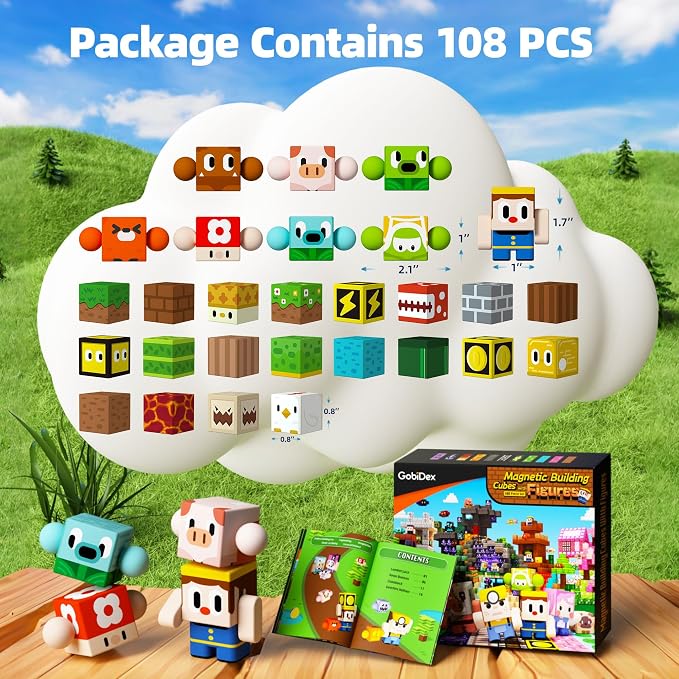 GobiDex 108PCS Magnetic Building Blocks for Kids with Rotatable Figures and Animals, Magnetic Blocks STME Game for Boys and Girls, Magnetic Blocks Toys for Christmas and Birthday Gifts for Ages 3-12