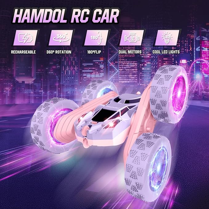 Hamdol Remote Control Car, Double Sided 360°Rotating 4WD RC Cars, with Sparkling LED Wheels, 2.4GHz Electric Race Stunt Toy Car, Rechargeable Toy Cars for Boys Girls Birthday Valentines Gift