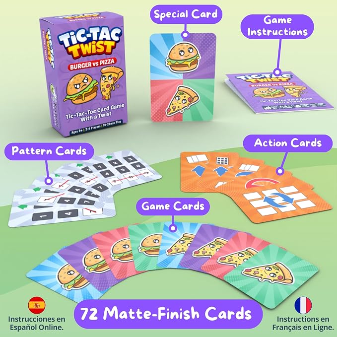 Tic Tac Twist Family Card Game for Kids, Teens & Adults | Quick & Easy Strategy Game for Game Night | Burger vs Pizza Tic Tac Toe with Fun Action Cards | Ages 8+ | 2-4 Players | 10-20 Min