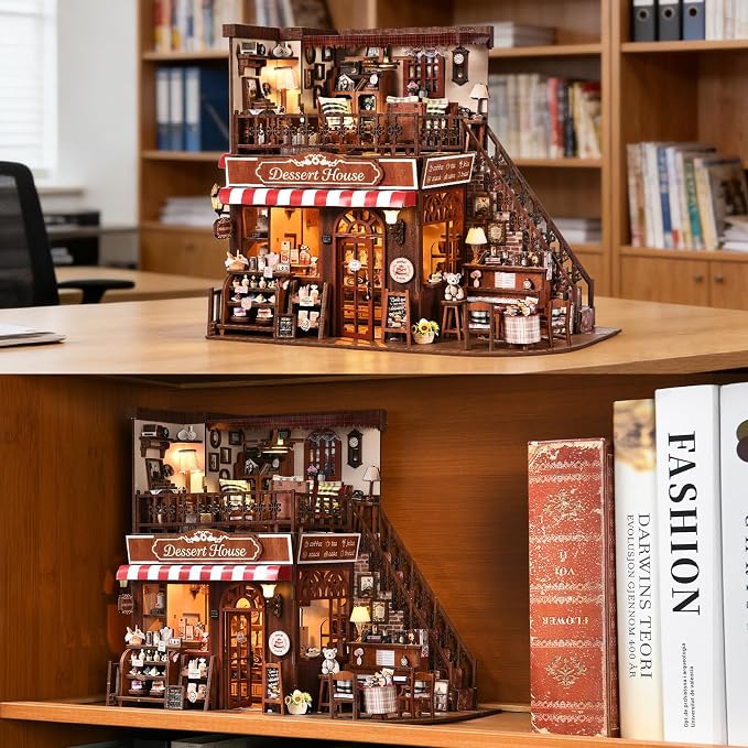 DIY Miniature House Kit, Dollhouse Fantastic Corner Shop for Adults to Build, Birthday/Christmas Day Gift for Family and Friends, Prefab Tiny Home with LED Lights,Corner Dessert House