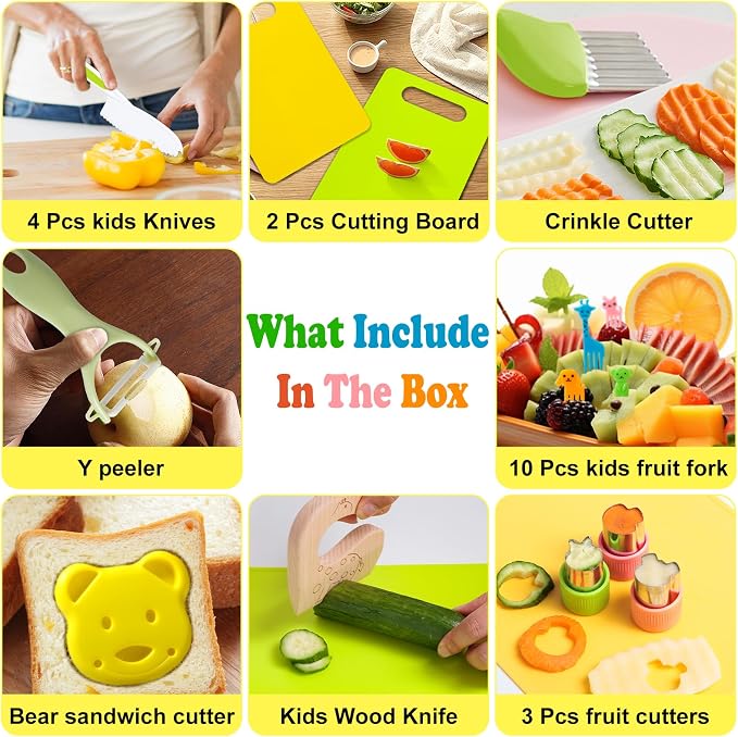 23 PCS Kids Cooking Sets, Kitchen Tools for Toddlers' Real Cooking, Kids Kitchen Knife Set with Cutting Board Kid Safe Knives Peeler Sandwich Cutters Crinkle Cutter, for Girls Boys