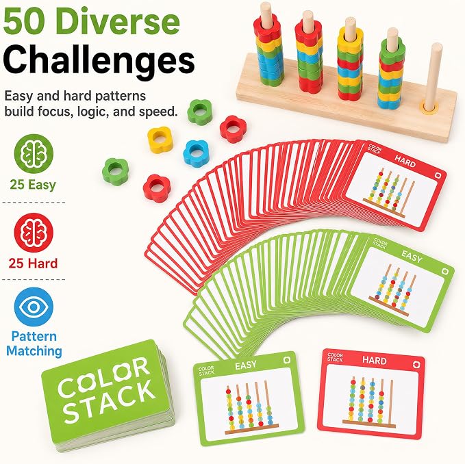 Color Stack Challenge Game for Teens & Adults, Wooden Fast-Paced Color Matching Puzzle Board Game with 2 Rotating Racks, 80 Ring, 50 Challenge Cards & Bell, Competitive Brain Teaser Party Game