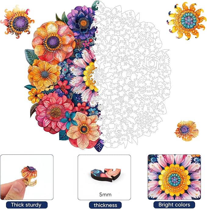 Mys Aurora Puzzles for Adults Round Flower Wooden Puzzles, 200 Pieces Unique Shaped Jigsaw Puzzles, Birthday for Adults and Kids, Fun Family Game 10.8'' x 11.2'' Medium Size