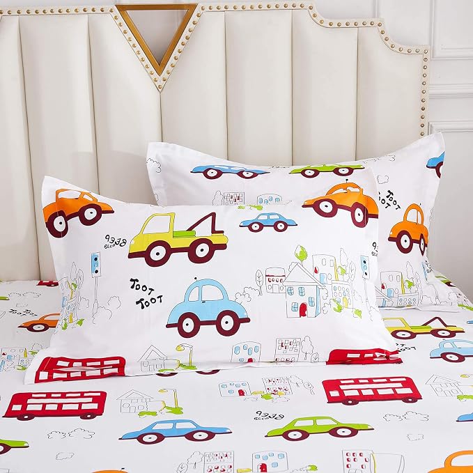 Brandream Kids Boys Sheets Queen Size Construction Cars Trucks Cotton Bed Sheets 4 Piece Set