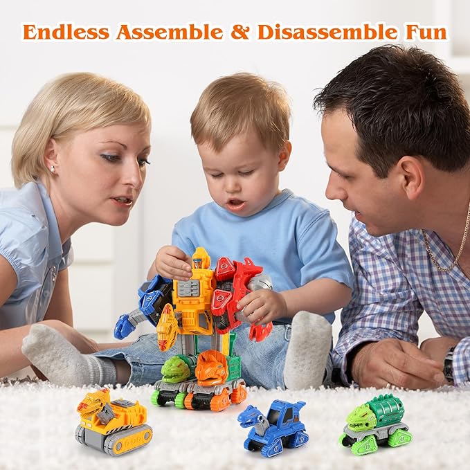 Dinosaur Toys for 3 4 5 6 Year Old Boys– 5-in-1 Detachable Construction Vehicles Set–Transform Robot Kids Toys Cars– Easy DIY Toys for Ages 5+ – Gifts for Boys Girls Birthday Christmas Easter
