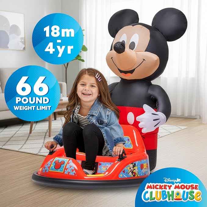 6V Mickey Mouse Toys Toddler Bumper Car - Ride On Toddler Toy, Kids Electric Bumper Car, Auto-Inflated, Parent Remote Control, LED Light, 360° Spins, 1 MPH, Max Weight 66lbs, Age 1.5-4yrs