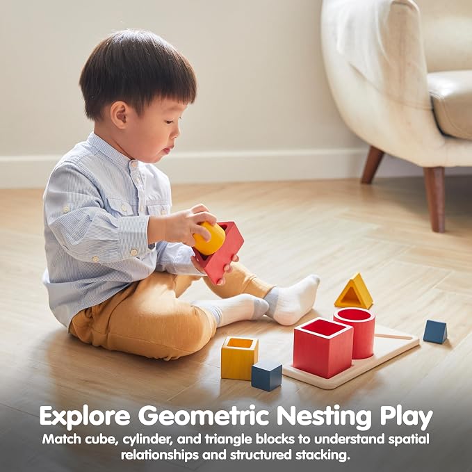 PlanToys® Nesting Puzzle Wooden Toy Set for Kids Ages 3+ | Montessori Stacking & Shape Recognition Activity for Spatial Awareness, Creativity & Coordination | Eco-Friendly Educational Toy