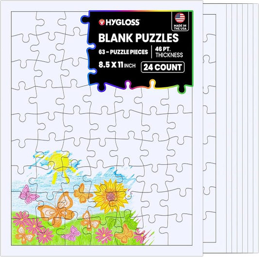 Hygloss 24 Blank Jigsaw Puzzles– 8.5 x 11 Inch, 63 Pieces Each – DYI Party invites, Perfect for Decorating, Kids' Activities, Arts & Crafts or Party Favors - Puzzle Pieces to Draw On for Crafts