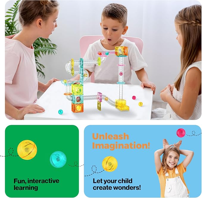 PicassoTiles Magnet Tile Building Block 80pc Marble Run Race Track Travel Size Pretend Play Toy With Launcher Lifter STEM Education Learning Magnetic Tiles Construction Kit School Boys Girls 3+ PTMG80