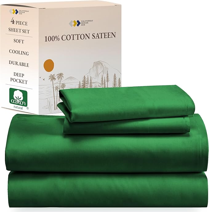 California Design Den Deep Pocket Queen Sheets Set - Natural 100% Cotton Sheets Queen Size Bed Set, Soft Sateen Weave, Breathable and Durable Bedding (Emerald Green)