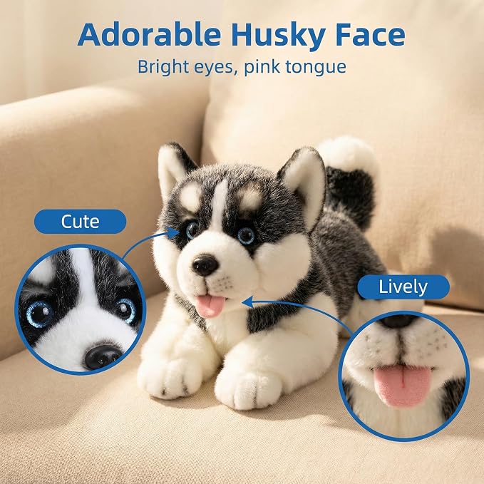 CU-MATE 16" Plush Siberian Husky Dog Toys, Simulation-Realistic & Lifelike Soft Stuffed Animal Dog, Handmade Lying Stuffed Dog Toys, Present Gift for Boys and Girls