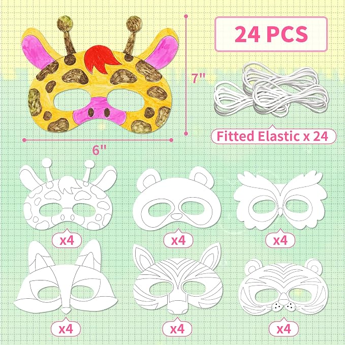 24 PCS Color Your Own Paper Masks, DIY Masks Craft Art Kits for Kids, Birthday Party Favors, School Coloring Activities