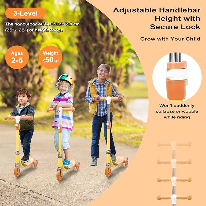 Kids Scooter: LED Lighted 3 Wheel Scooters for Kids 2-5,3 Adjustable Height Handlebar, Anti-Slip Deck,Heavy Duty Metal Scooters for Boys Girls Ages 3-5, up to 110 Lbs,Toddler Kick Scooter 2 Year