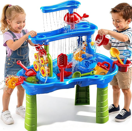 JUKUDAHU 3-Tier Water Table for Kids Ages 4-8 3-5, Sand and Water Table for Toddler with Beach Toys, Outdoor Toys Activity Sensory Play Table, Birthday Gifts for Toddlers 2 3 4 5 6 7 8 Boys Girls